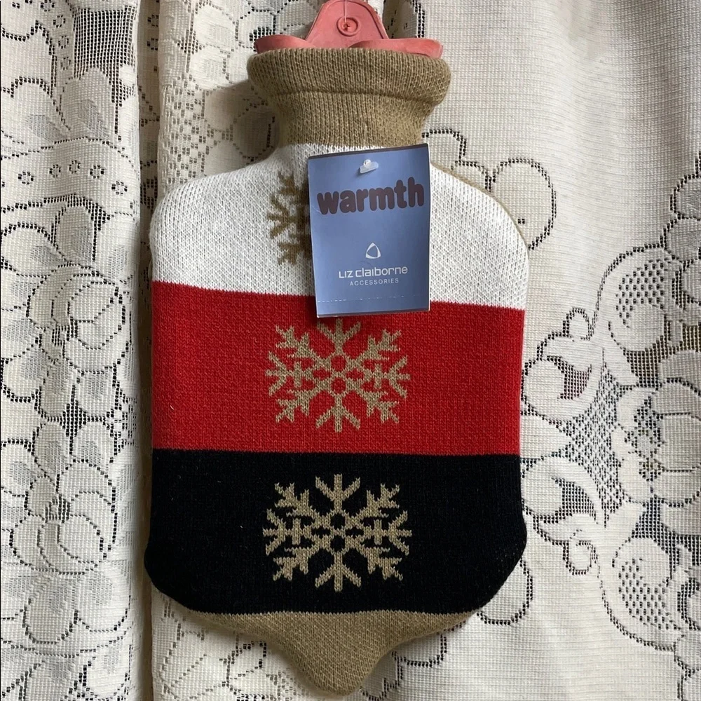 Liz Claiborne Red Black White Tan Snowflake Hot Water Bottle & Cover NWT